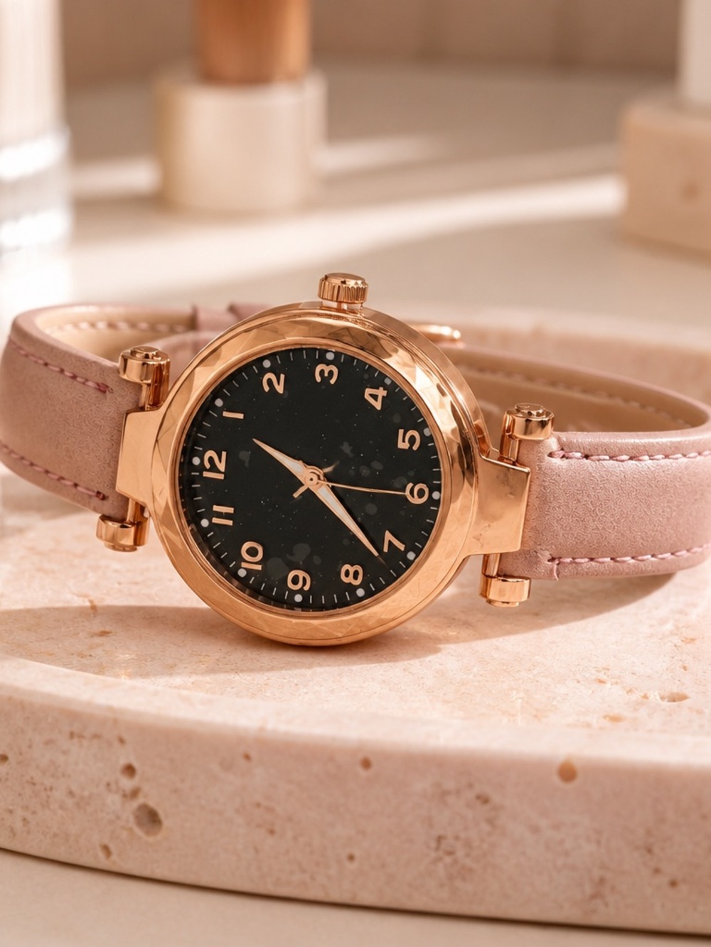 Women's Rose Gold Case Pink Leather Strap Watch Adjustable Band